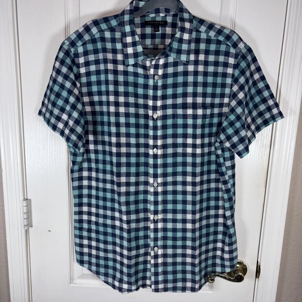 Banana Republic Plaid Shirt Short Sleeve Button Up Green Blue Mens‎ Large (M)